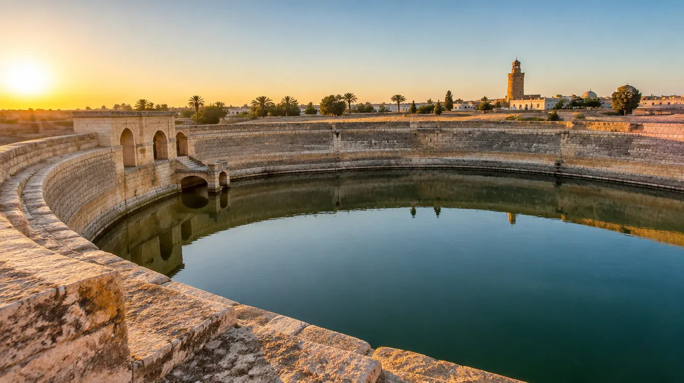 The large circular Aghlabid Basin in Kairouan at sunset