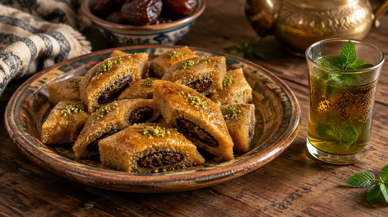 Plate of makroudh date pastries with mint tea in Kairouan