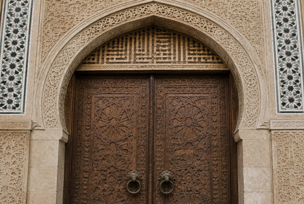 Carved wooden doors and geometric tilework of a mosque entrance in Tunisia