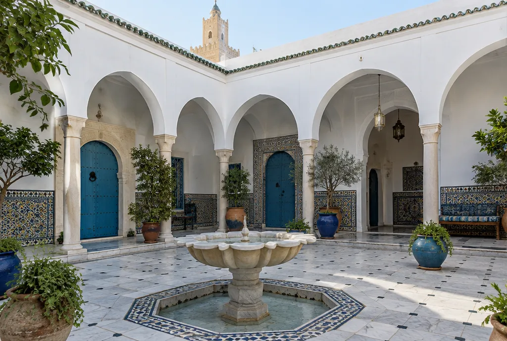 Courtyard of a traditional guesthouse in Kairouan with a marble fountain and blue doors